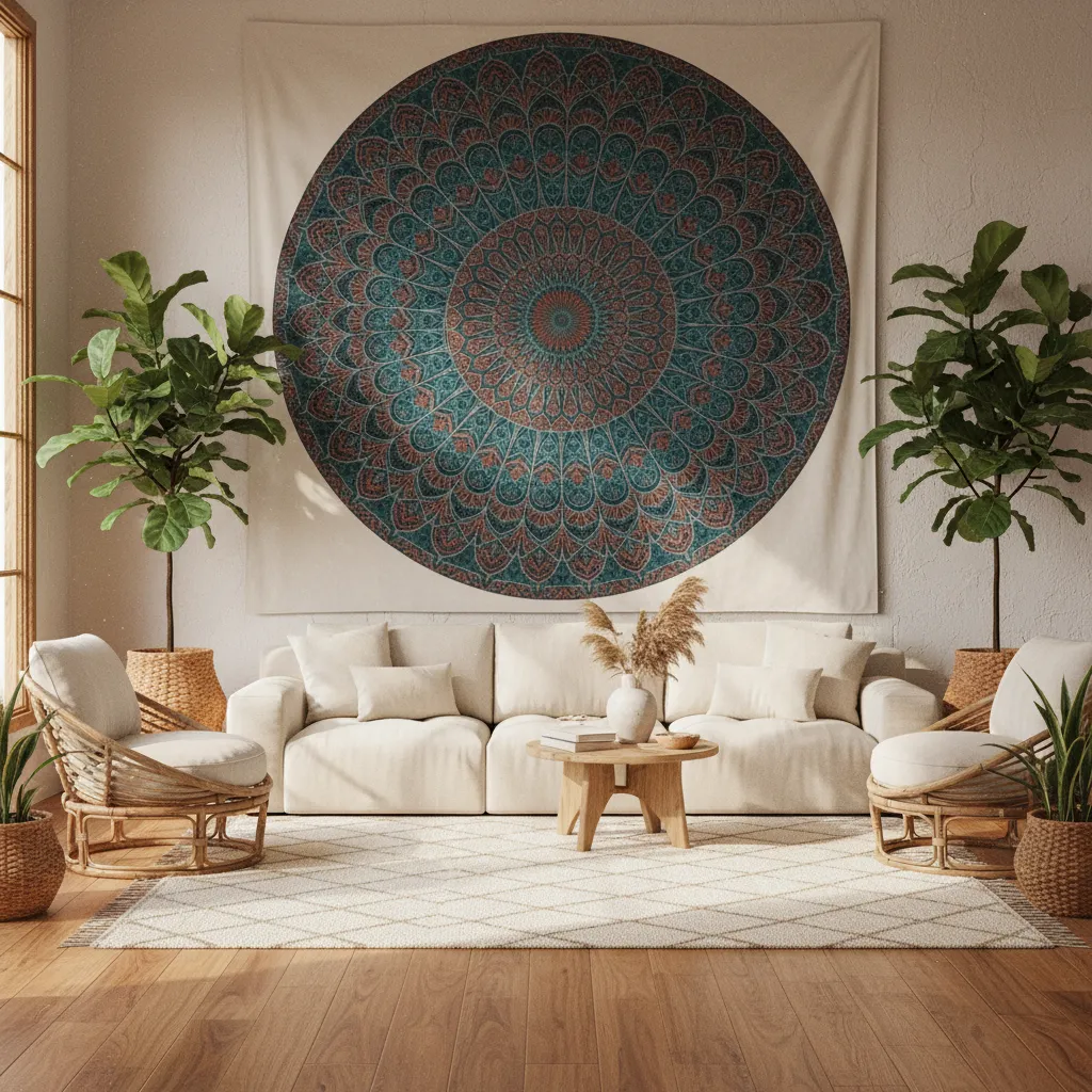 Large teal and terracotta mandala tapestry hanging above a cream sofa in a sunny bohemian living room