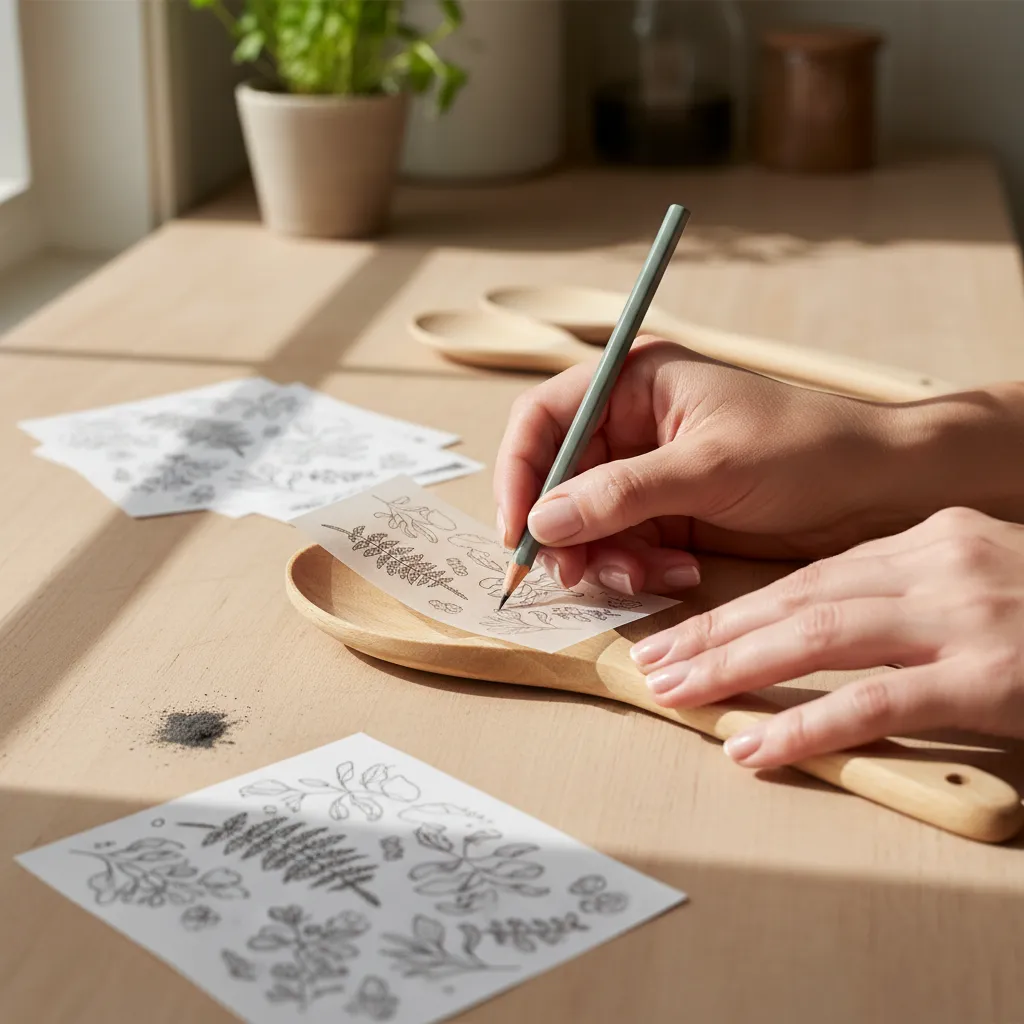 Hands tracing a floral pattern onto a wooden spoon using graphite paper.
