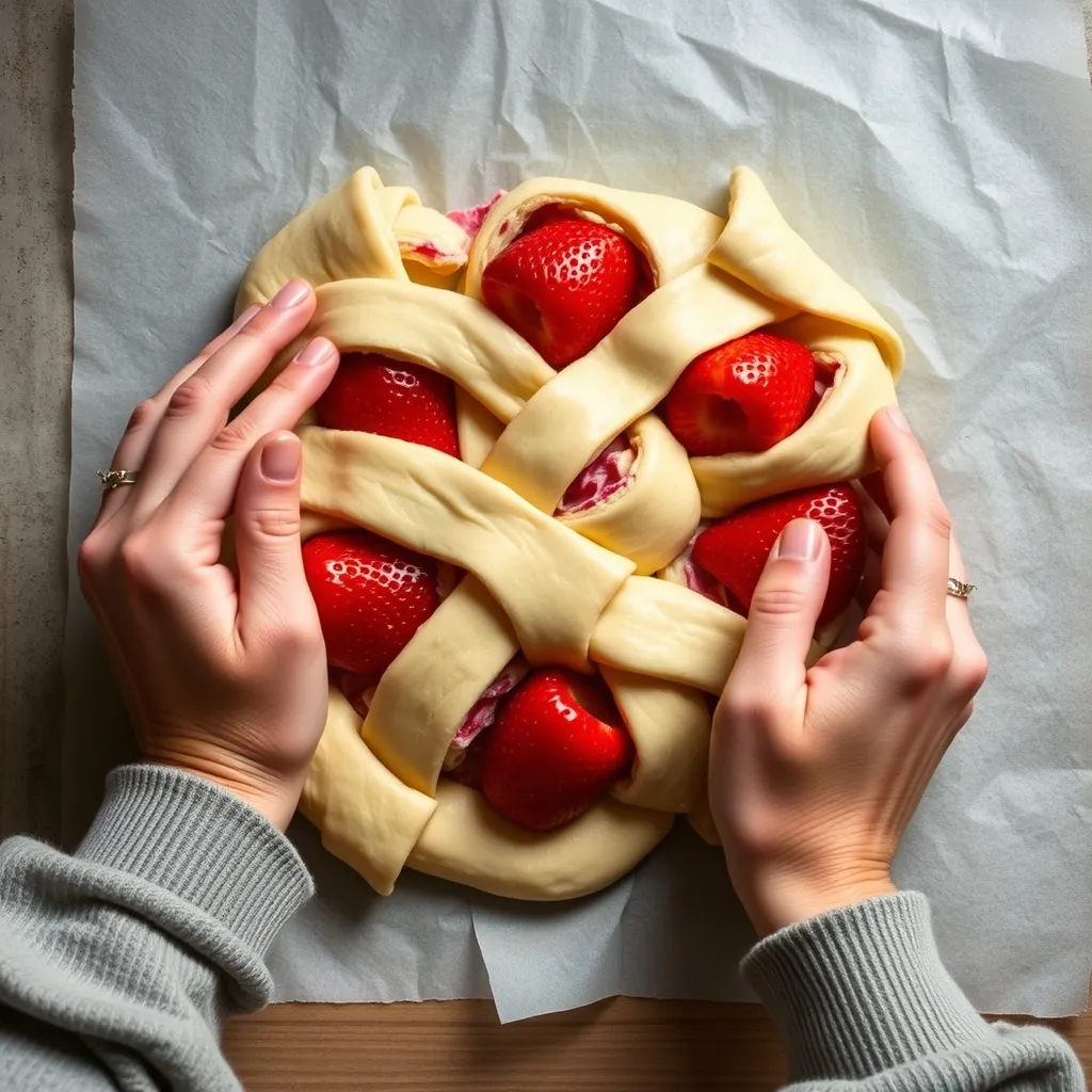 Unbaked crescent roll dough being braided over strawberry filling