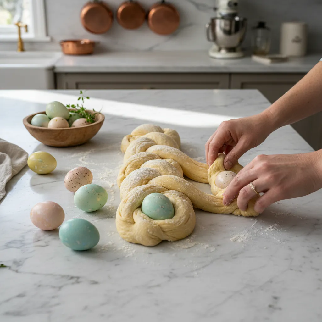Unbaked bread dough strands being braided on marble surface