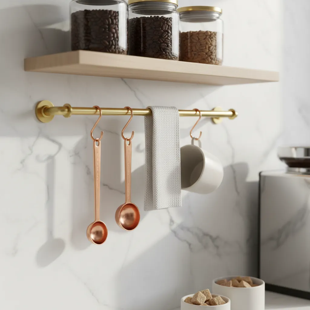 Brushed brass kitchen rail with S-hooks holding coffee tools against a marble backsplash