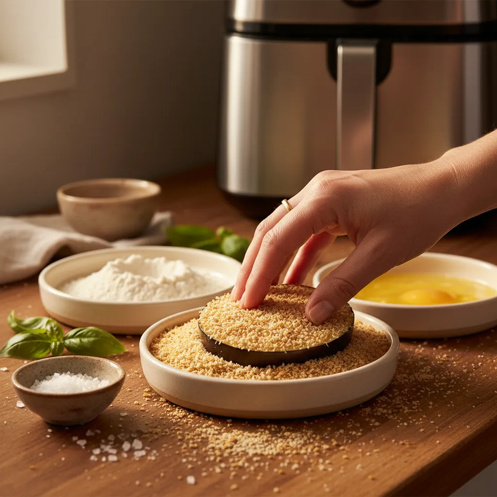 Hand breading eggplant slice in panko crumbs in white ceramic dish