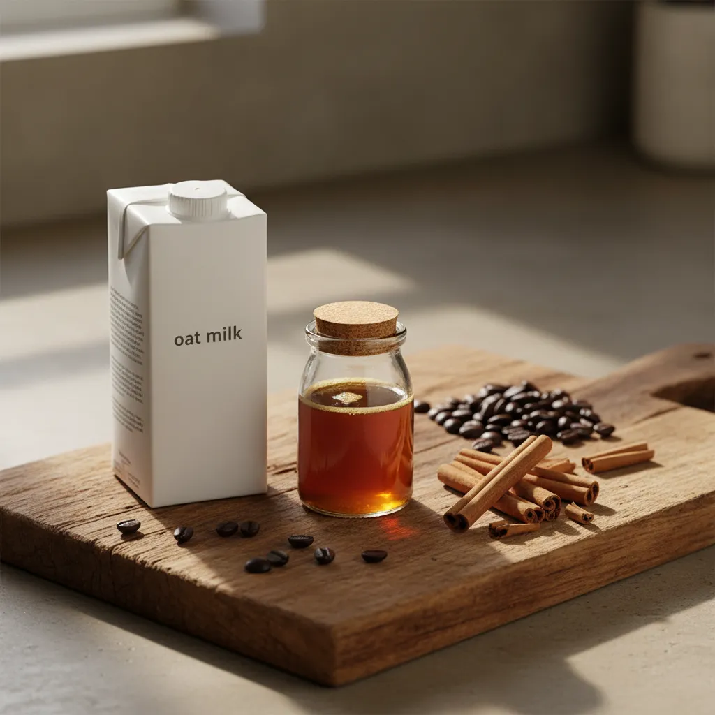 Ingredients for shaken espresso including brown sugar syrup and cinnamon on wood