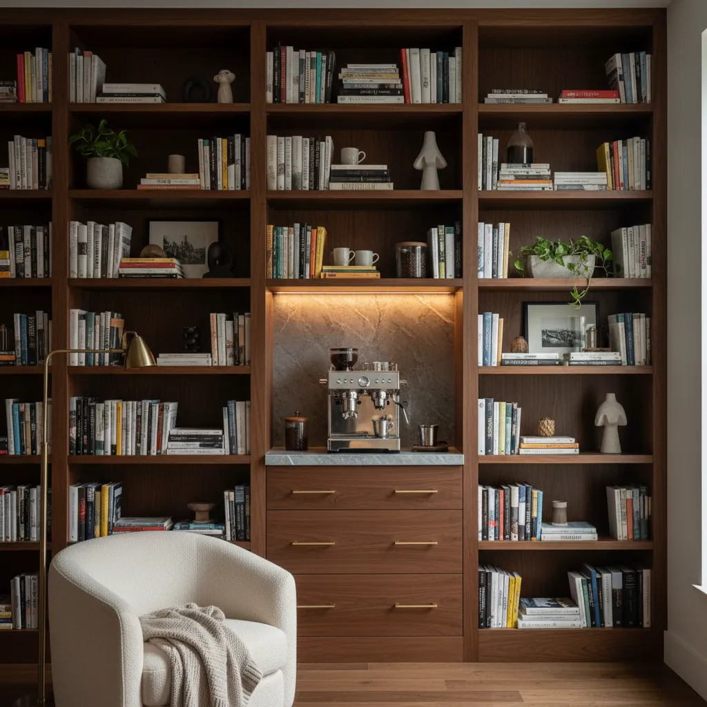 Walnut bookshelf with integrated coffee bar niche and espresso machine