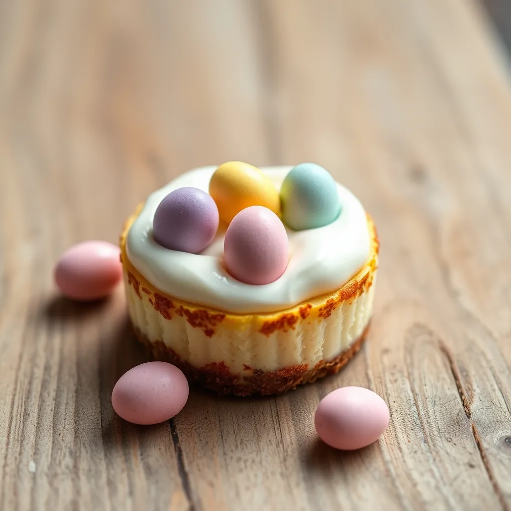 Close up of a creamy no-bake cheesecake topped with pastel candy eggs.