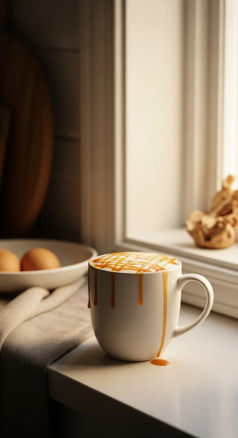 Close up detail of caramel drizzle on a caffeine free beverage in a modern kitchen setting