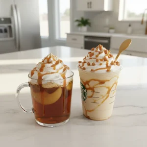 A selection of Starbucks caramel drinks without coffee including a steamer and a frappe.
