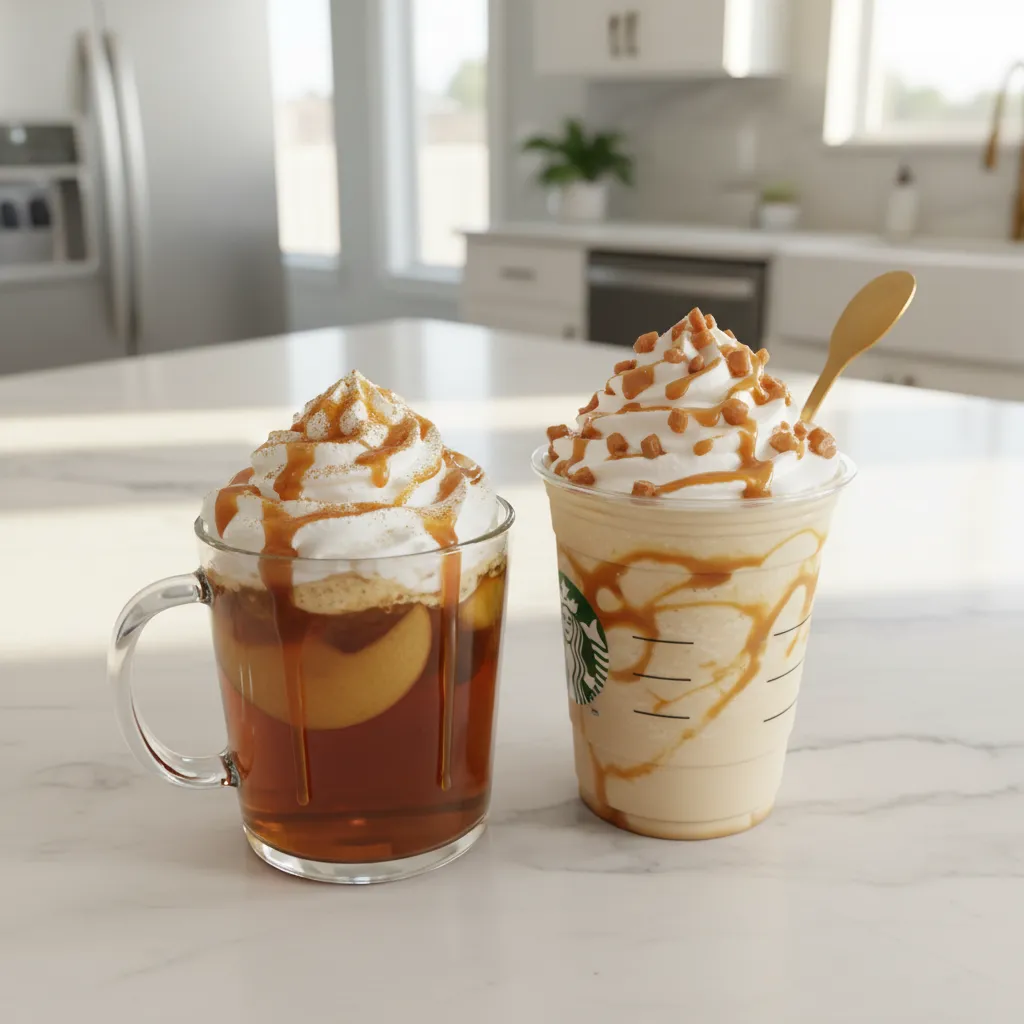 A selection of Starbucks caramel drinks without coffee including a steamer and a frappe.