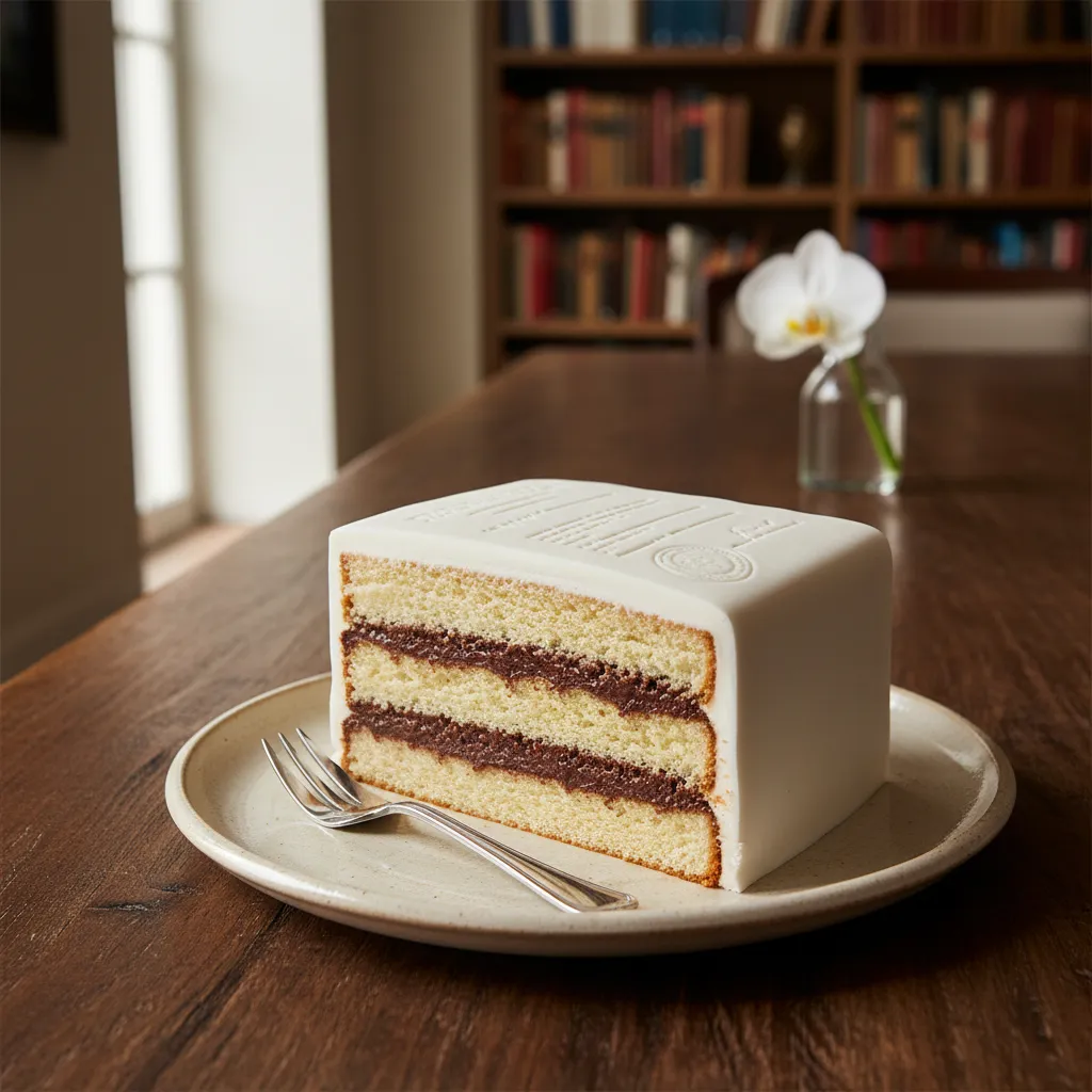 Close up of cake slice showing dense crumb and fondant layer