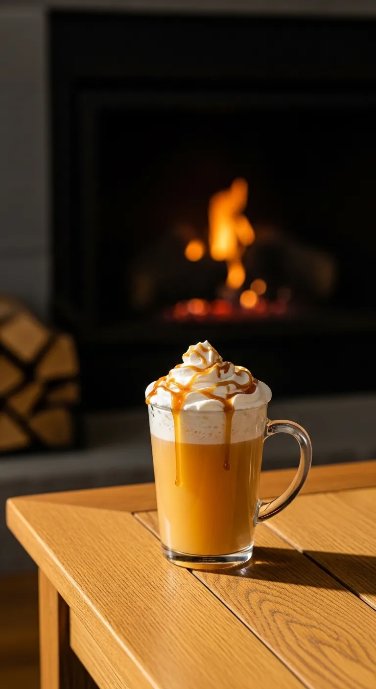 Steamed apple juice with whipped cream and caramel sauce on a wooden table