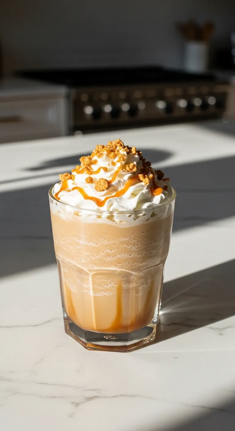 Caramel Ribbon Crunch Crème Frappuccino displayed in a modern luxury kitchen with golden lighting and marble textures