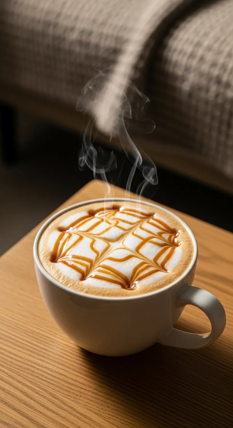 Caramel steamer drink with whipped cream and caramel drizzle on a rustic wooden table