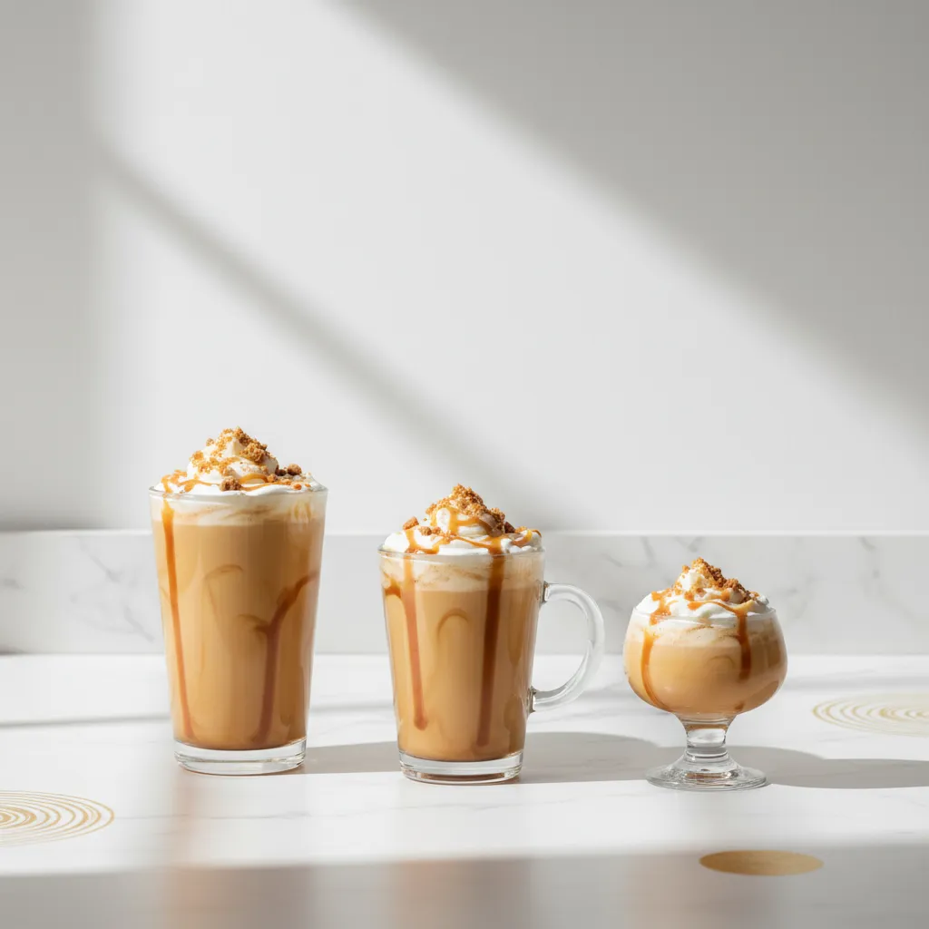 Three sizes of caramel toffee steamers on a marble counter