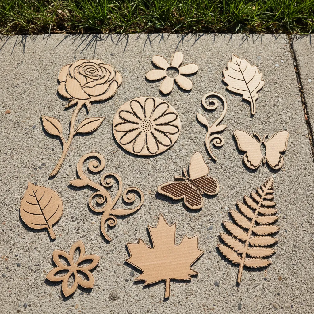 Various cardboard stencils including floral and leaf designs placed on a concrete surface