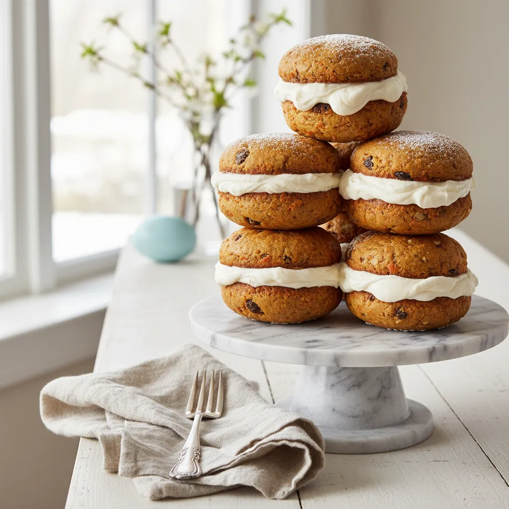 Carrot cake whoopie pies with thick cream cheese filling on a marble stand