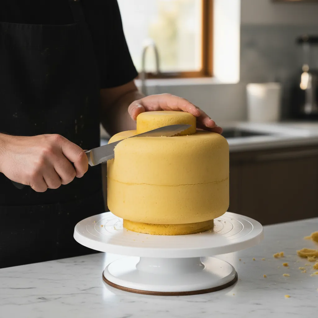 Stacked yellow cake layers being carved into a cylindrical Lego head shape