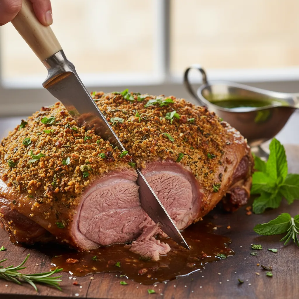 Slicing herb crusted leg of lamb on wooden board