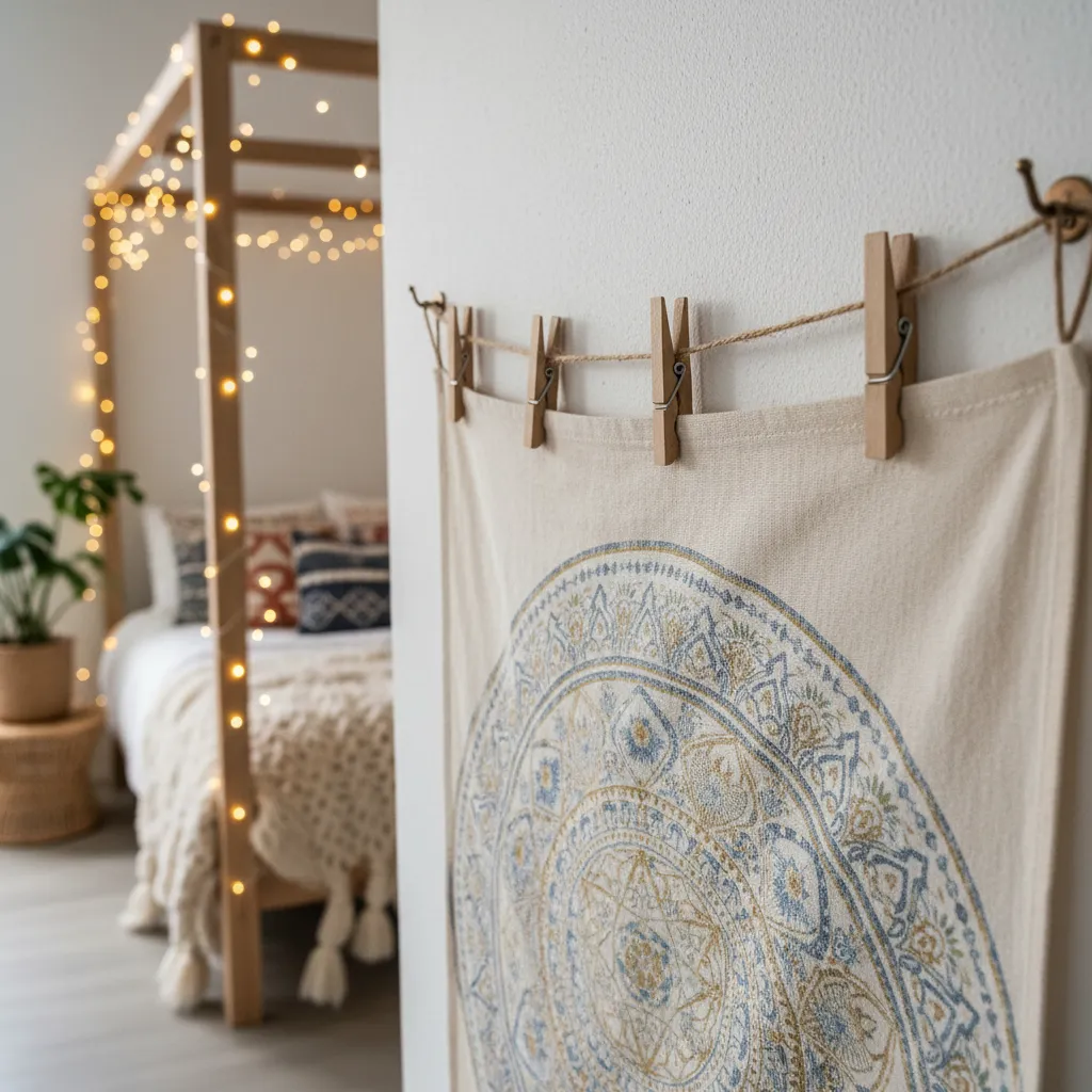 Wooden clips holding a light tapestry on a string