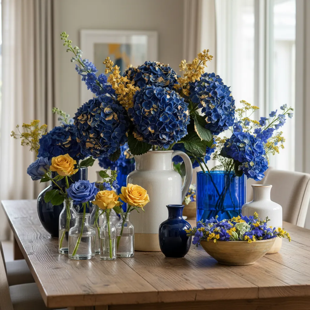 Assorted vases for hydrangea arrangements on a wood table