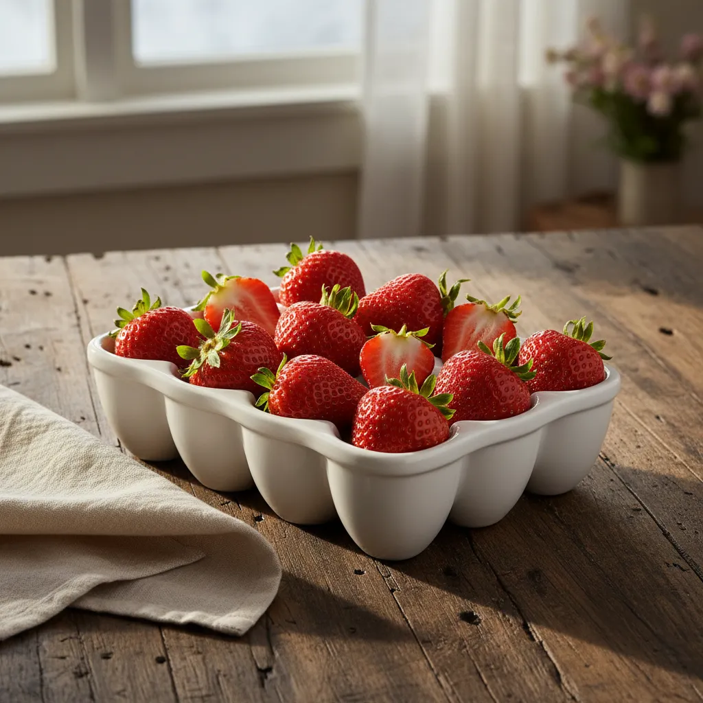White ceramic egg crate on wooden table filled with red strawberries for Easter decor