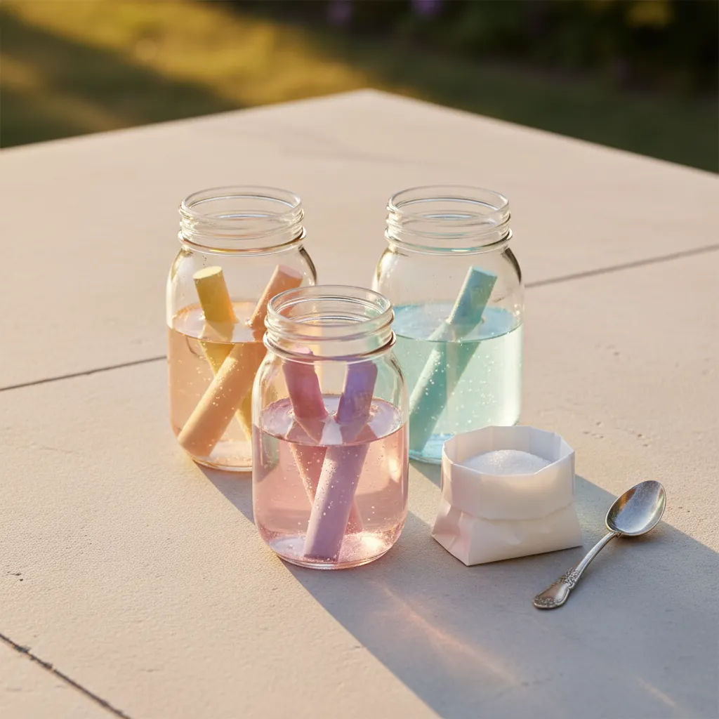 Glass jars with soaking chalk sticks and sugar water preparation for sidewalk art