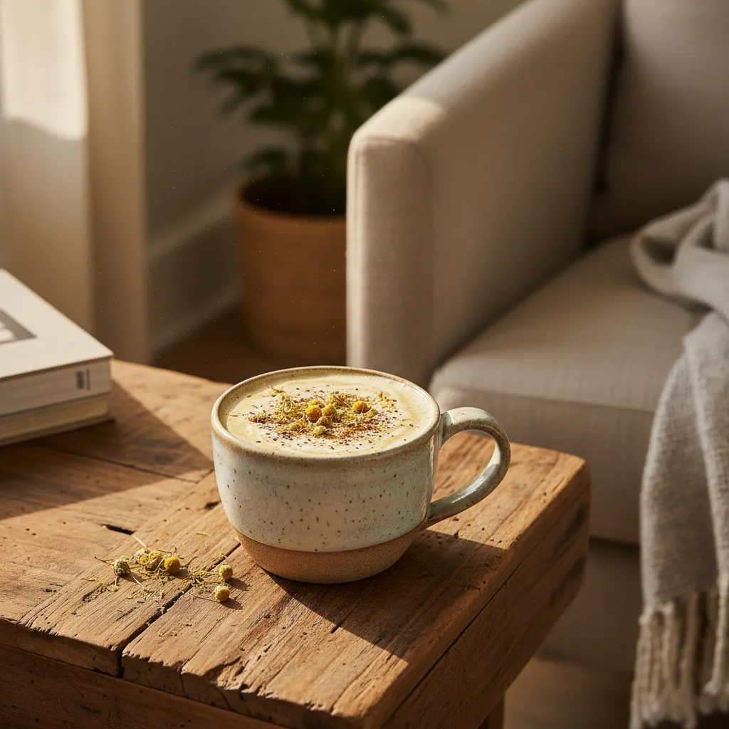 Creamy chamomile and ashwagandha moon milk in a textured ceramic mug on a wooden table