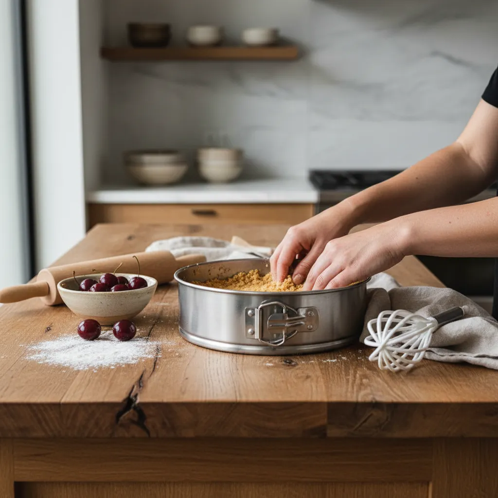 Pressed biscuit crust in a springform pan ready for white chocolate cheesecake filling