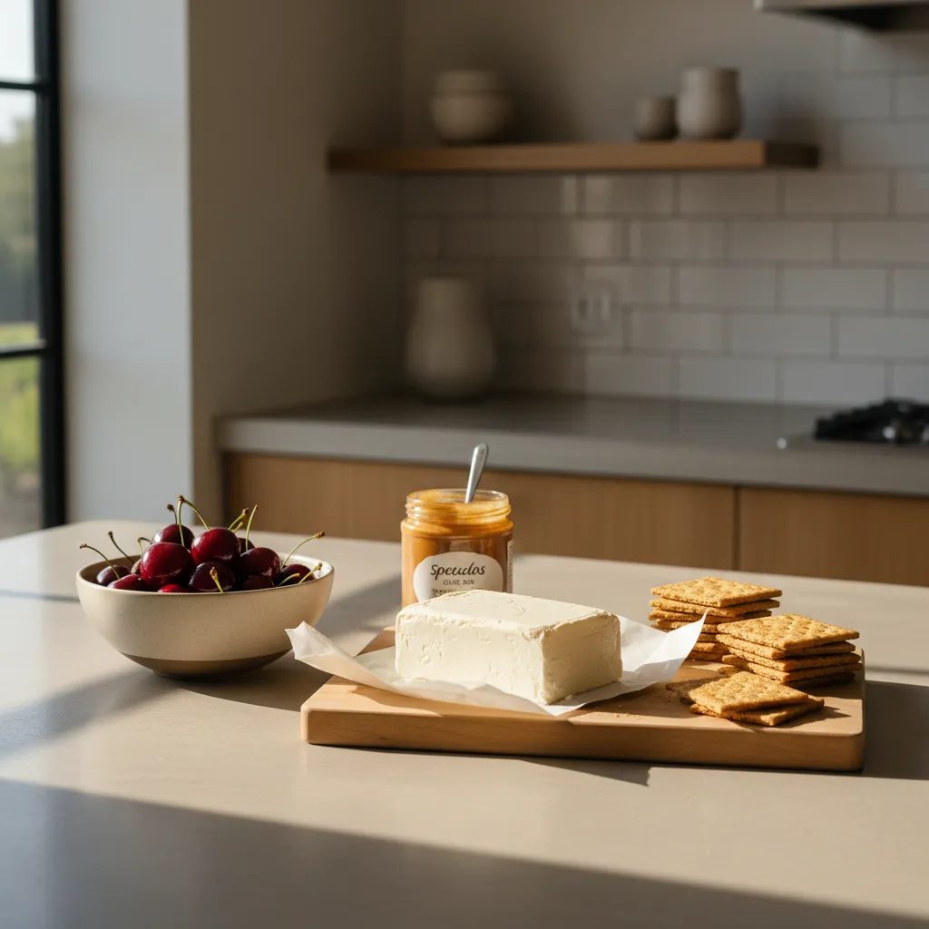 Cream cheese cherries and graham crackers arranged on a kitchen counter