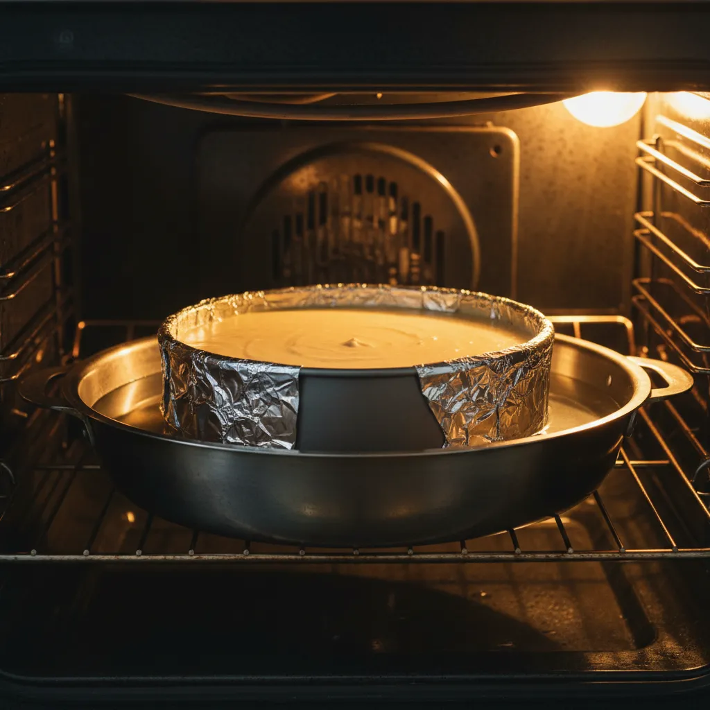 Springform pan in a water bath inside an oven for even baking