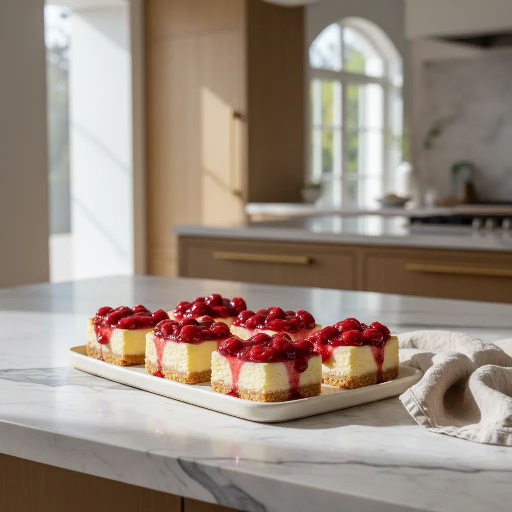 Cherry cheesecake bars with shortbread crust displayed on a luxury kitchen island