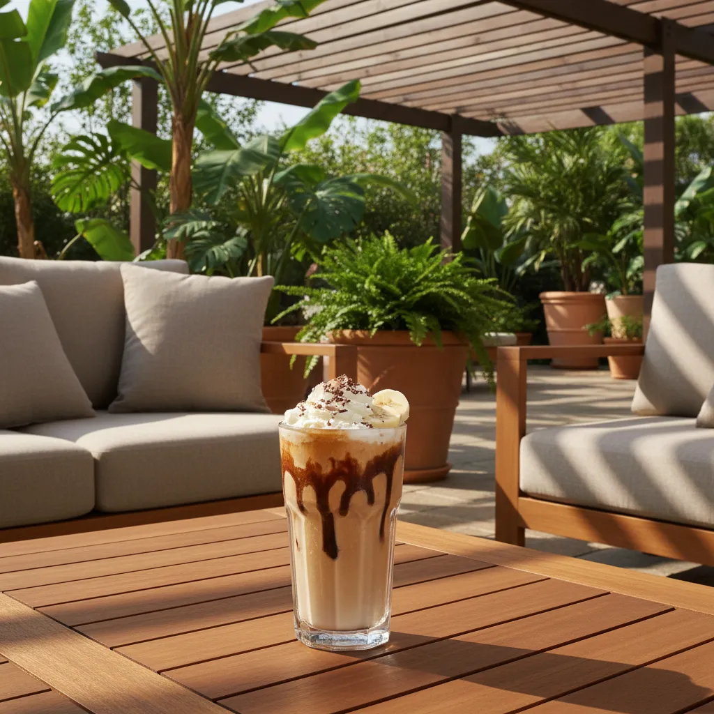 7 Brew Chocolate Covered Banana Chiller on a teak table with summer patio decor