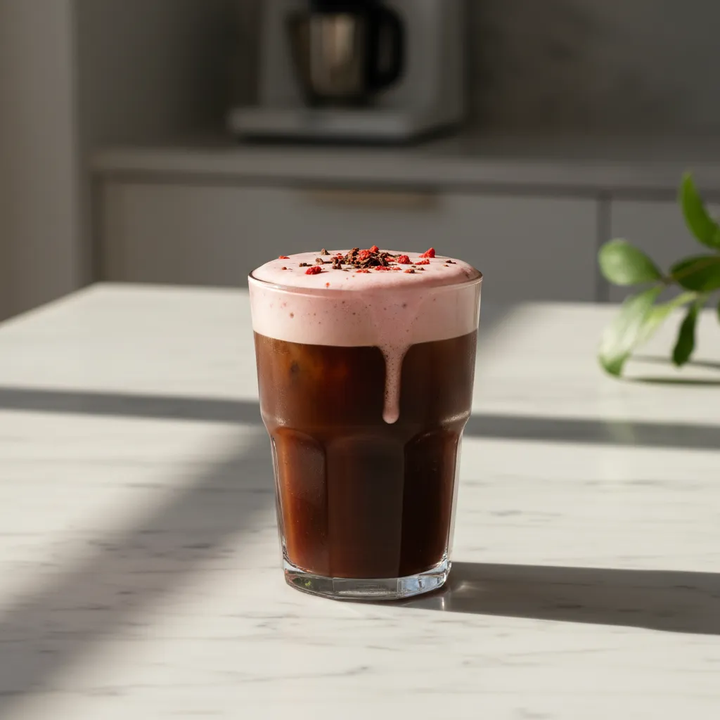 Venti cold brew with chocolate syrup and strawberry foam on marble counter