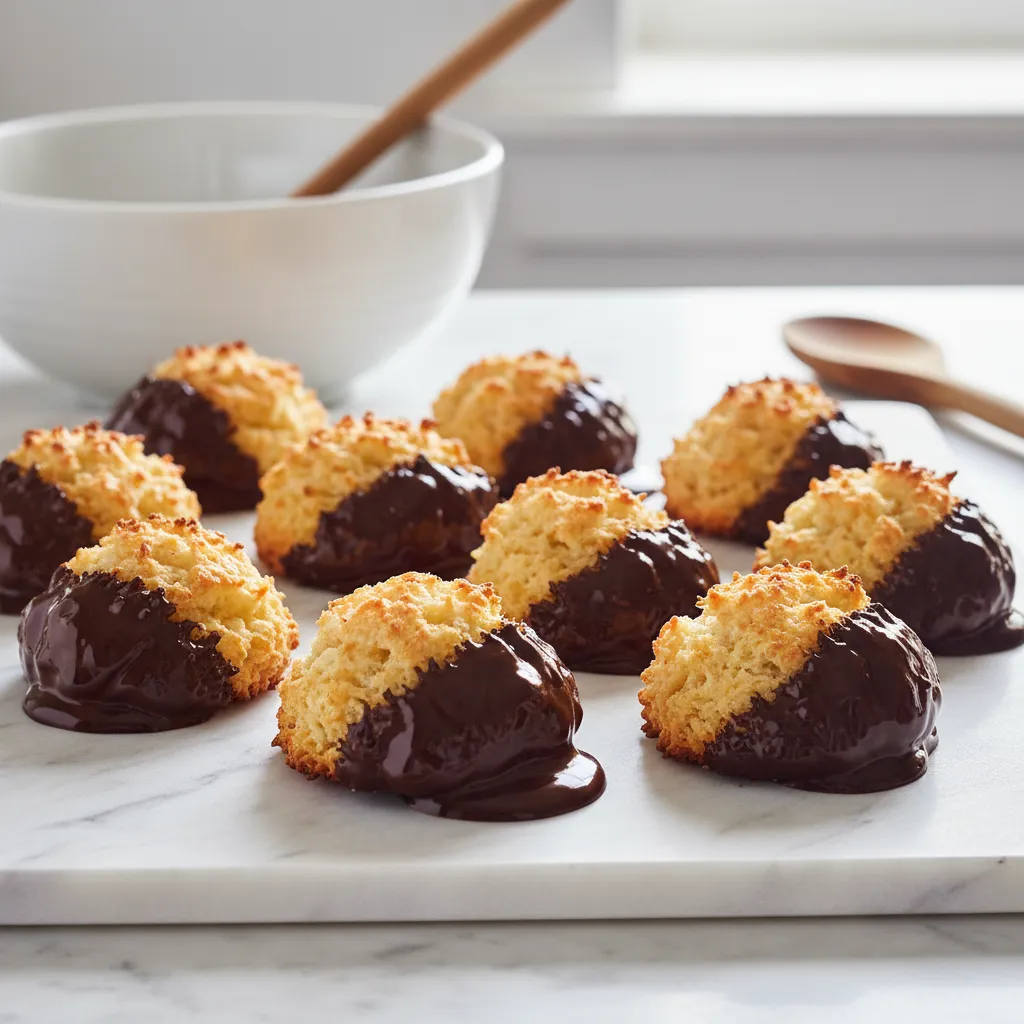 Golden coconut macaroons dipped in dark chocolate displaying texture contrast