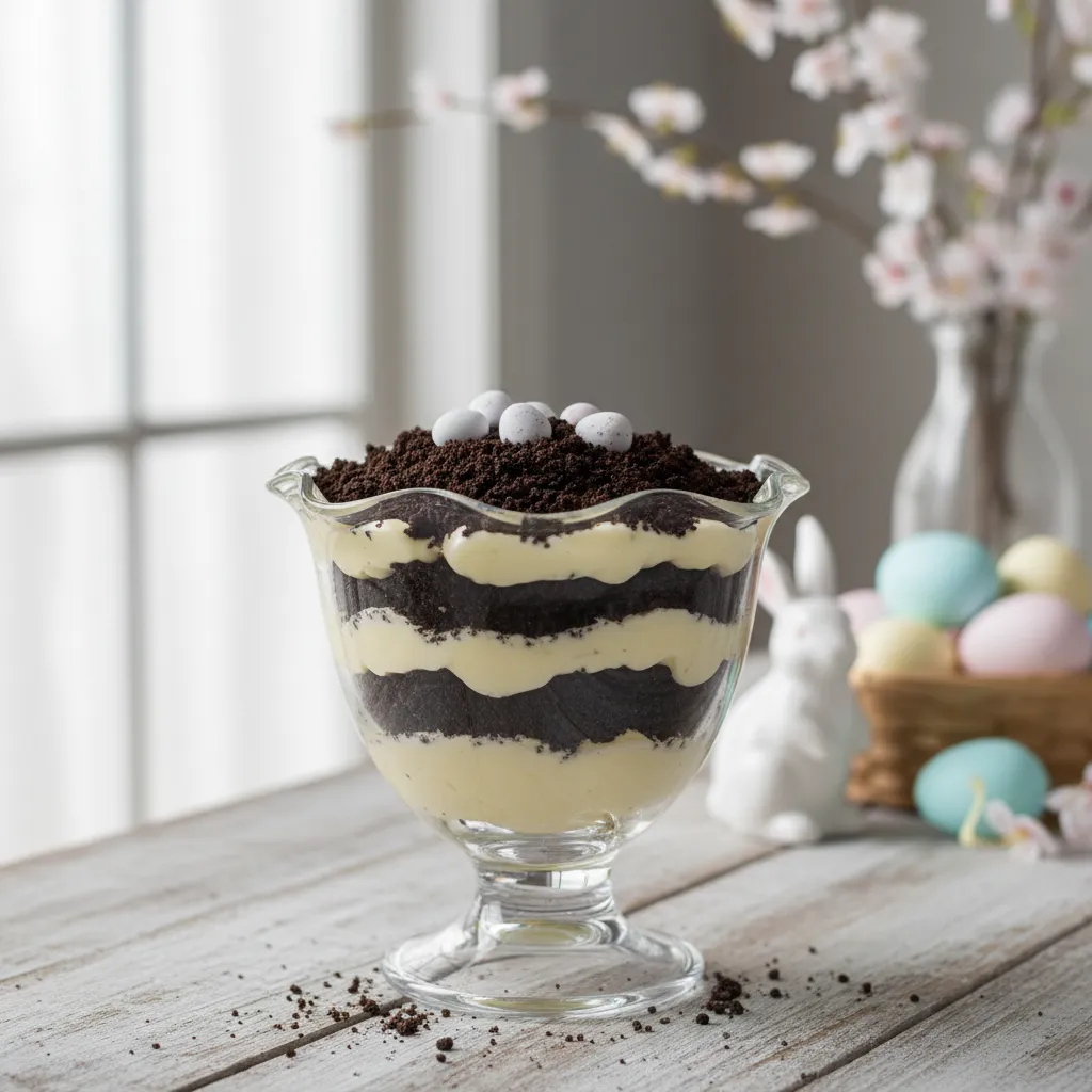 Close up of chocolate Oreo dirt cake layers in a glass serving dish