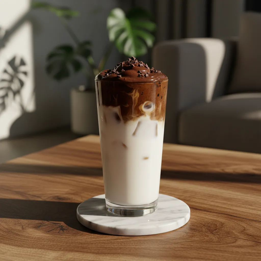Double chocolate whipped coffee served in crystal glass on walnut table