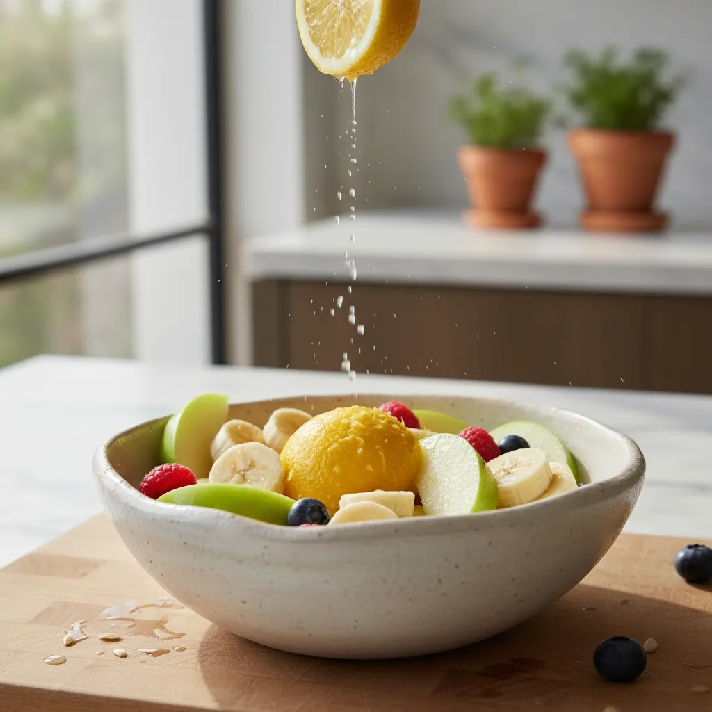 Lemon wedges and sliced fruit in a ceramic prep bowl