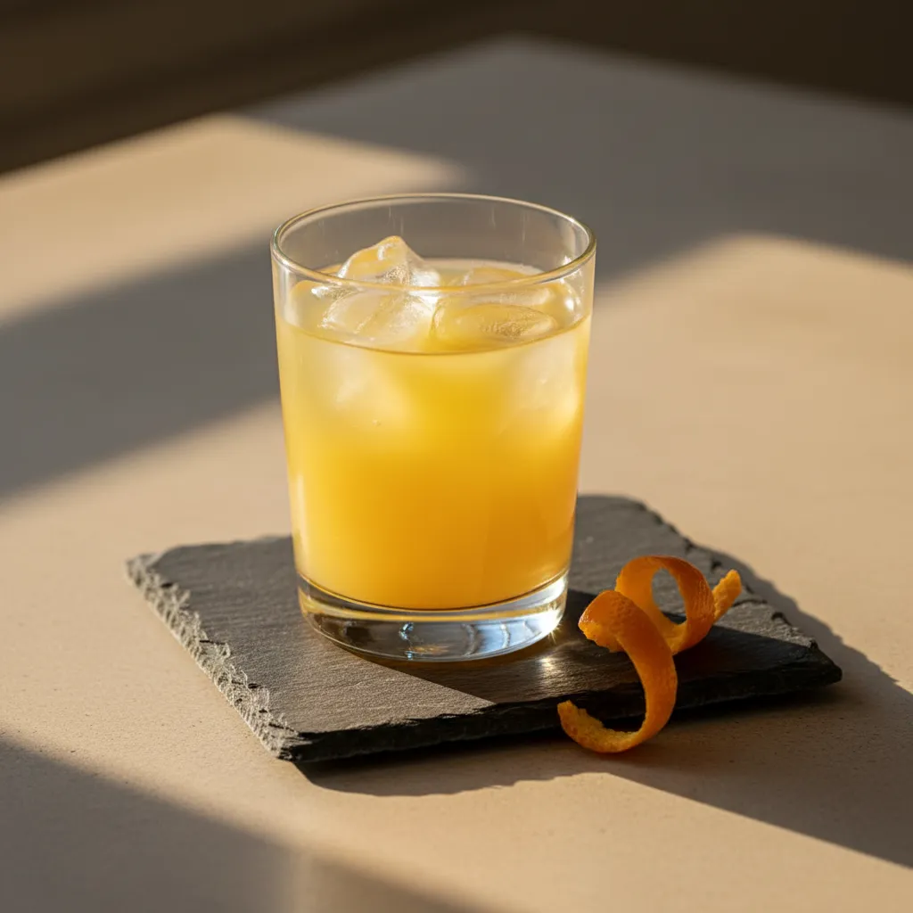 Highball glass with amaretto and orange juice on a textured slate coaster