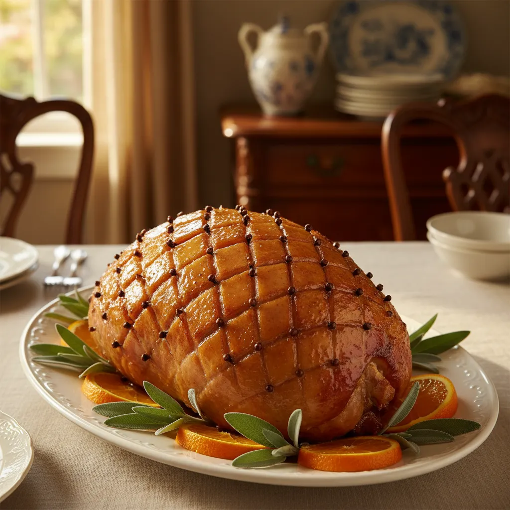 Roasted Easter ham with clove diamond pattern and honey glaze on a ceramic platter