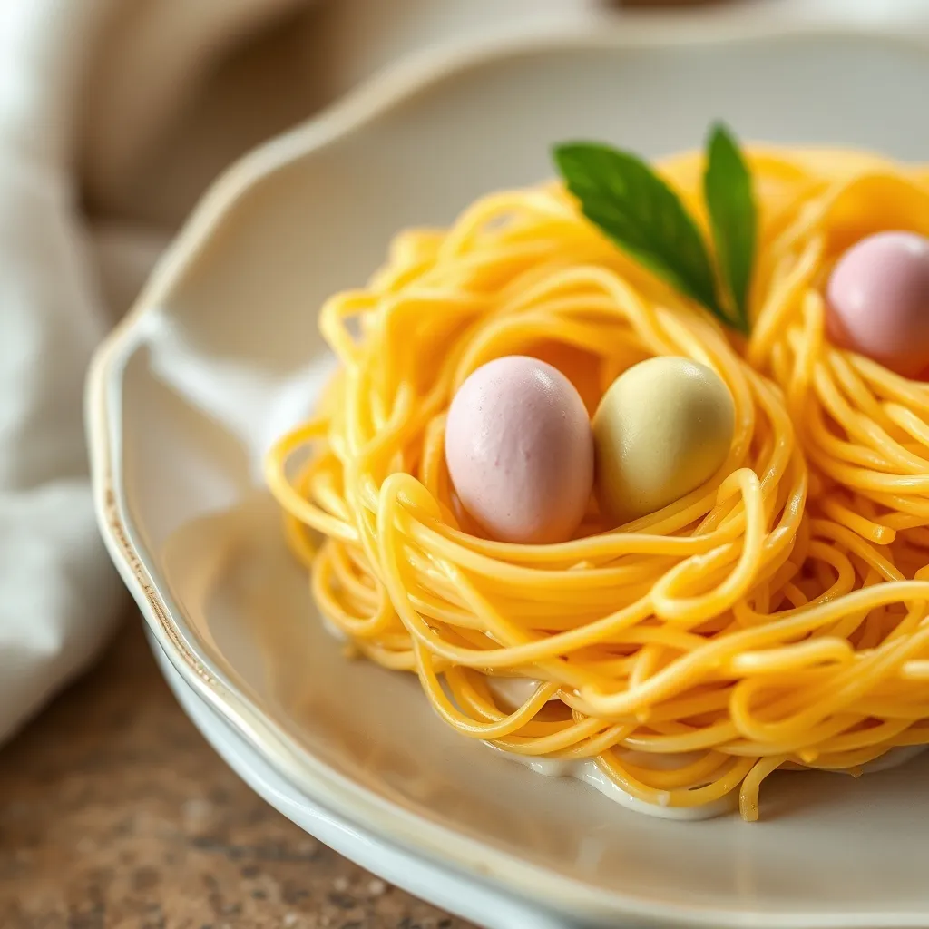 Detailed view of chocolate chow mein bird nest dessert with candy eggs