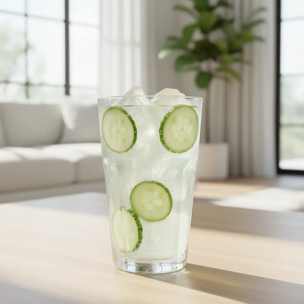 Macro shot of cucumber ribbons and mint leaves in a gin fizz cocktail