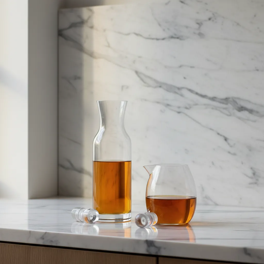 Two glass carafes showing a visual ratio of orange juice to amaretto against a marble backsplash