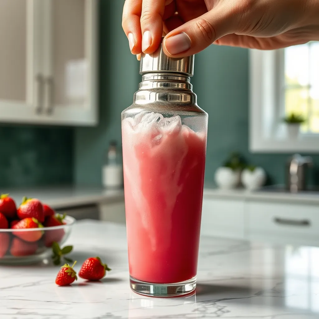 A person vigorously shaking a frosty cocktail shaker to create a smooth, no-curdle homemade Starbucks Pink Drink in a modern kitchen setting.