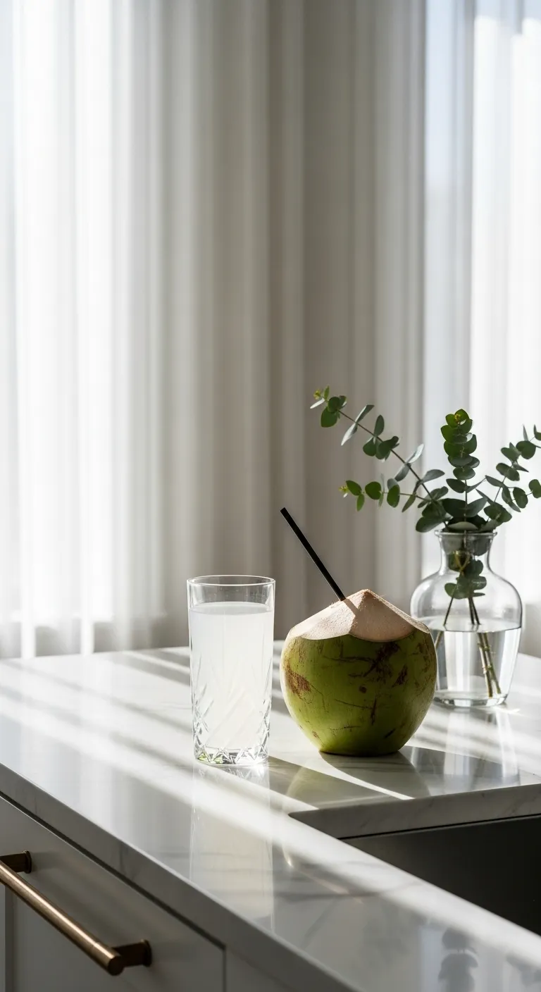 Glass of coconut water on marble kitchen counter with natural lighting