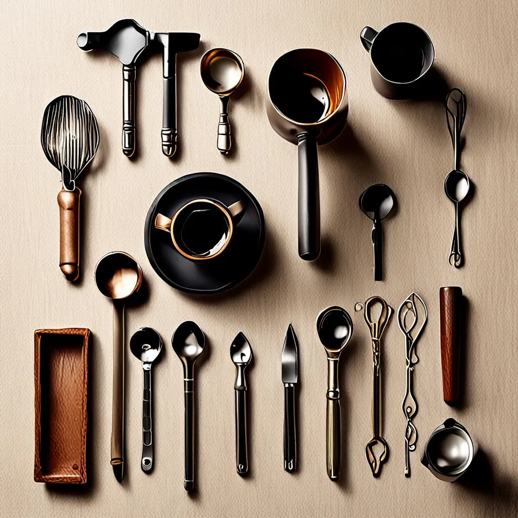 Curated coffee and cocktail tools on a linen cloth