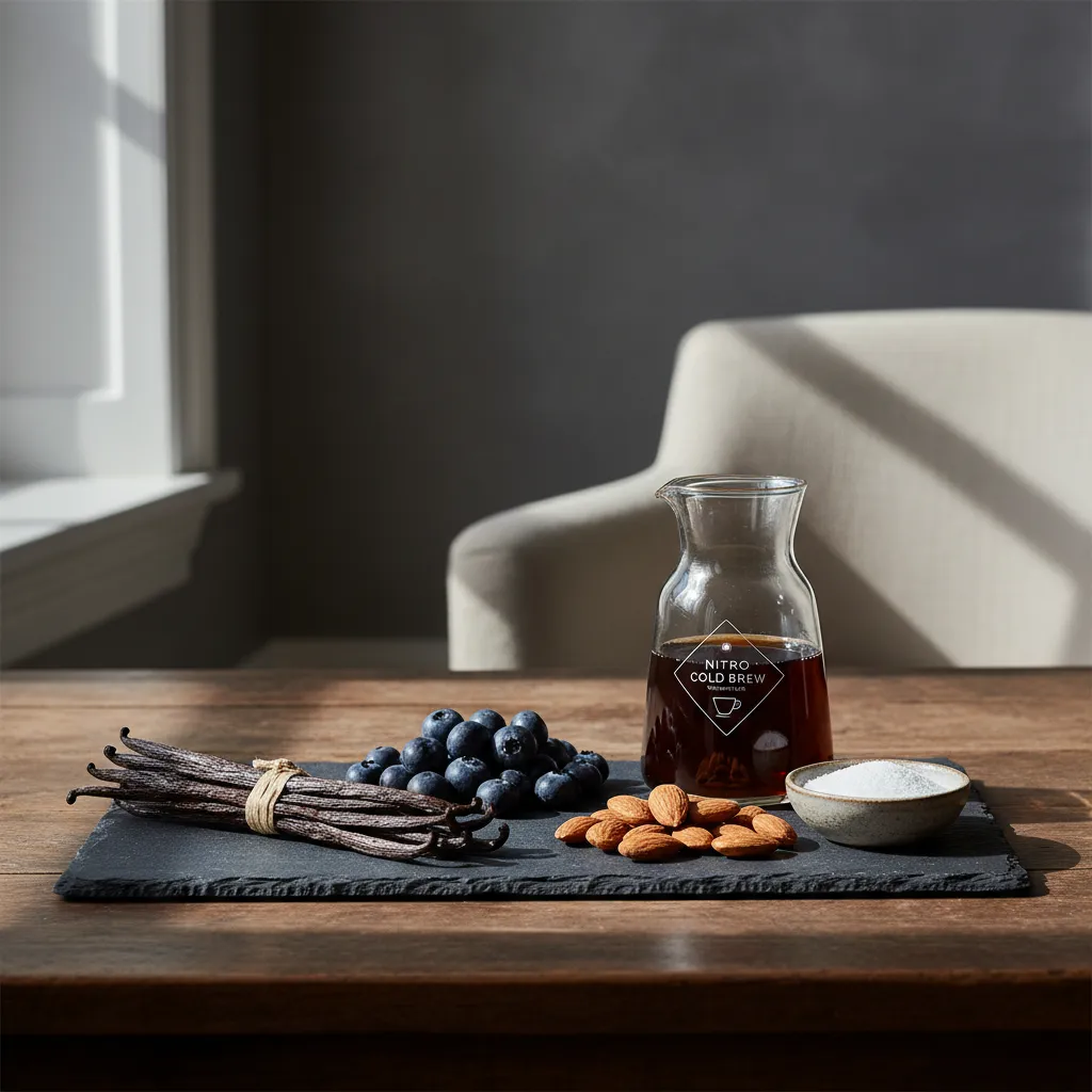 Vanilla beans and almonds arranged on slate board for flavor inspiration
