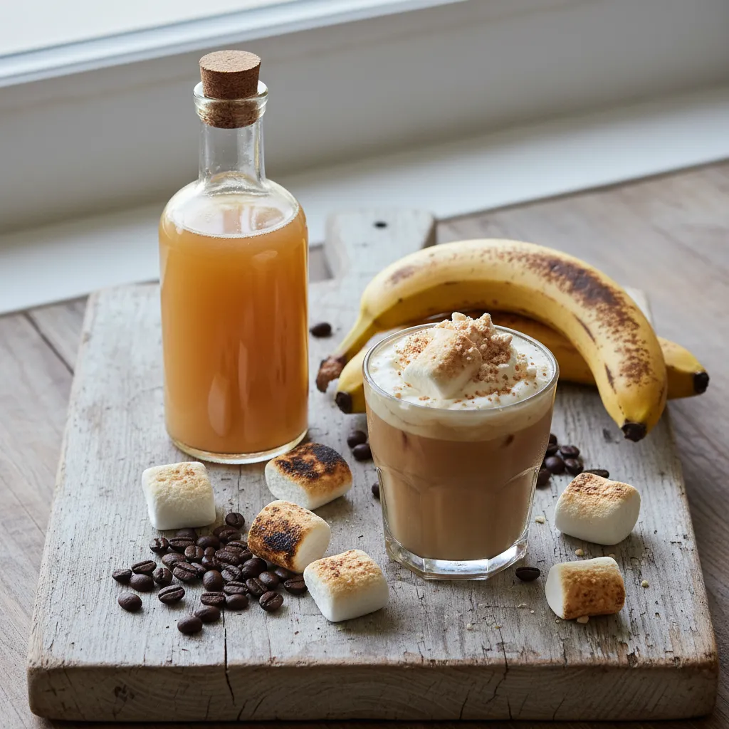 flat lay of banana syrup espresso beans and marshmallows for coffee styling