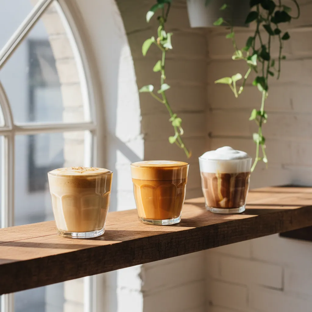 Comparison of almond milk oat milk and breve cream in coffee glasses