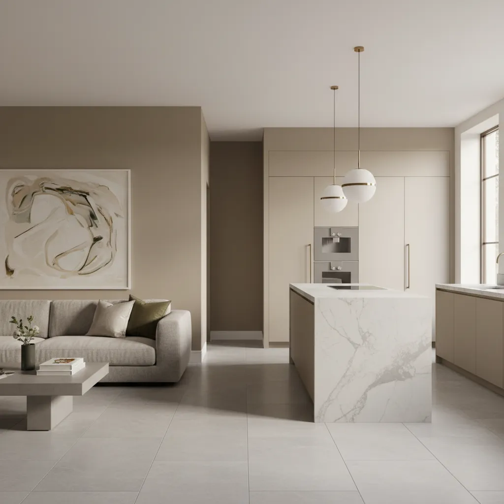 Living room and kitchen sharing a warm greige color palette for visual unity