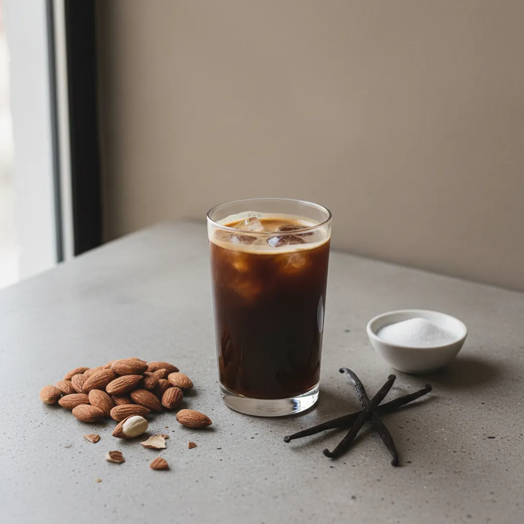 Flat lay of almonds vanilla beans and cold brew coffee
