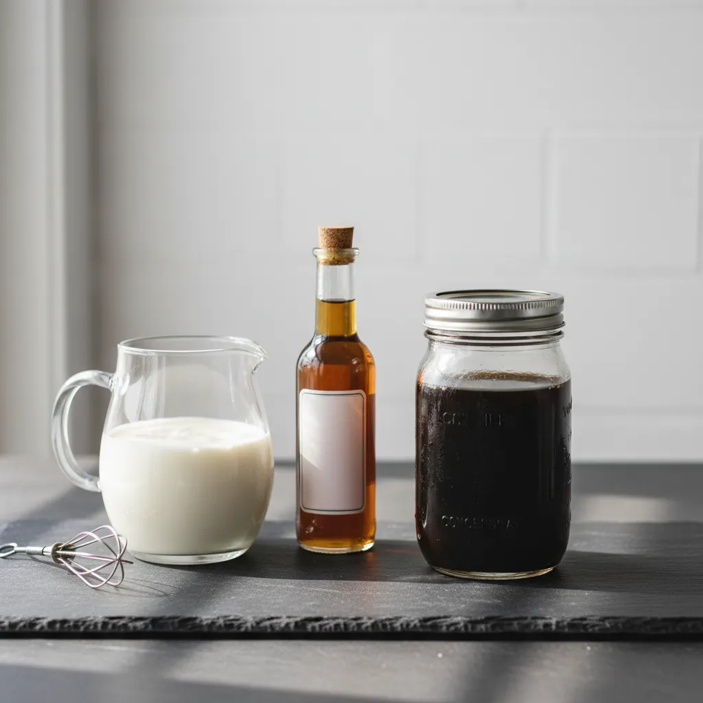 Ingredients for vanilla sweet cream cold brew arranged on a stone counter